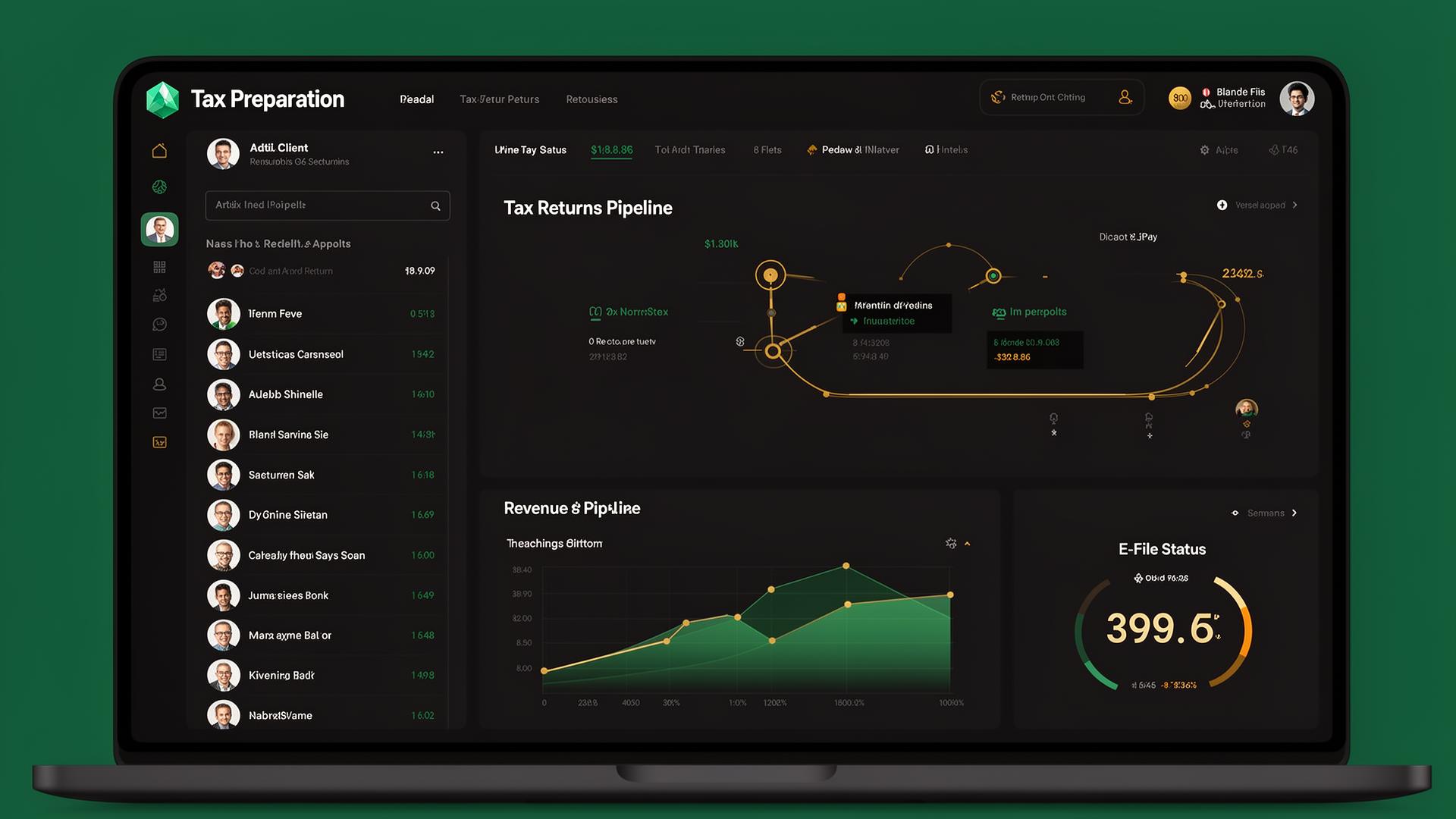 Virtual Tax Pros dashboard showing client pipeline and revenue